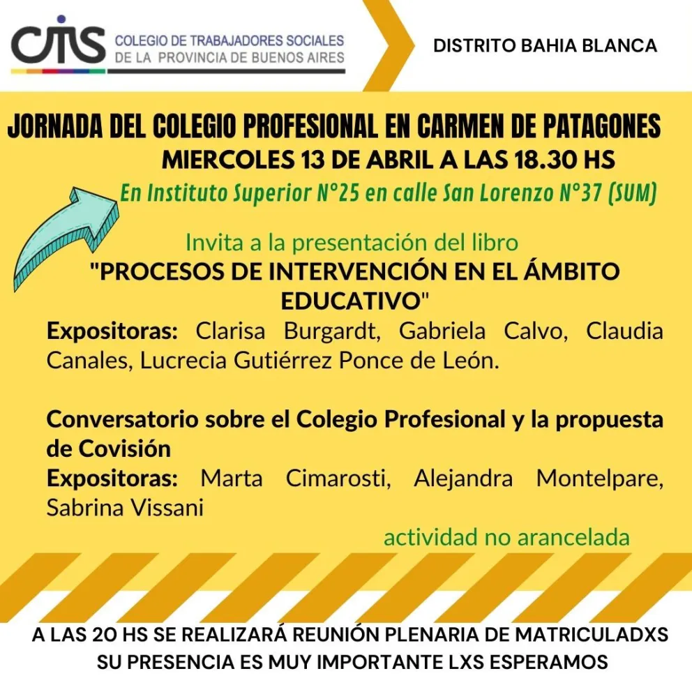 El Colegio de Trabajadores Sociales organizará una capacitación en Carmen de Patagones 
